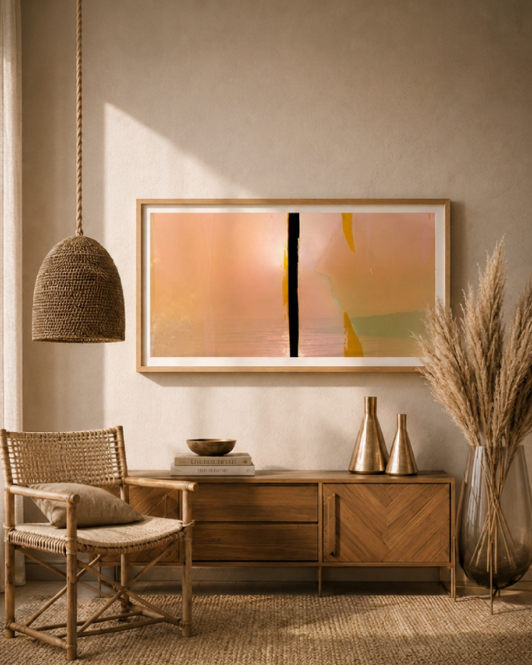A cozy living room corner with a wooden sideboard, decorative vases, books, a rattan chair with a cushion, a large glass vase with pampas grass, a woven pendant lamp, and an abstract wall art with soft pink and green hues.