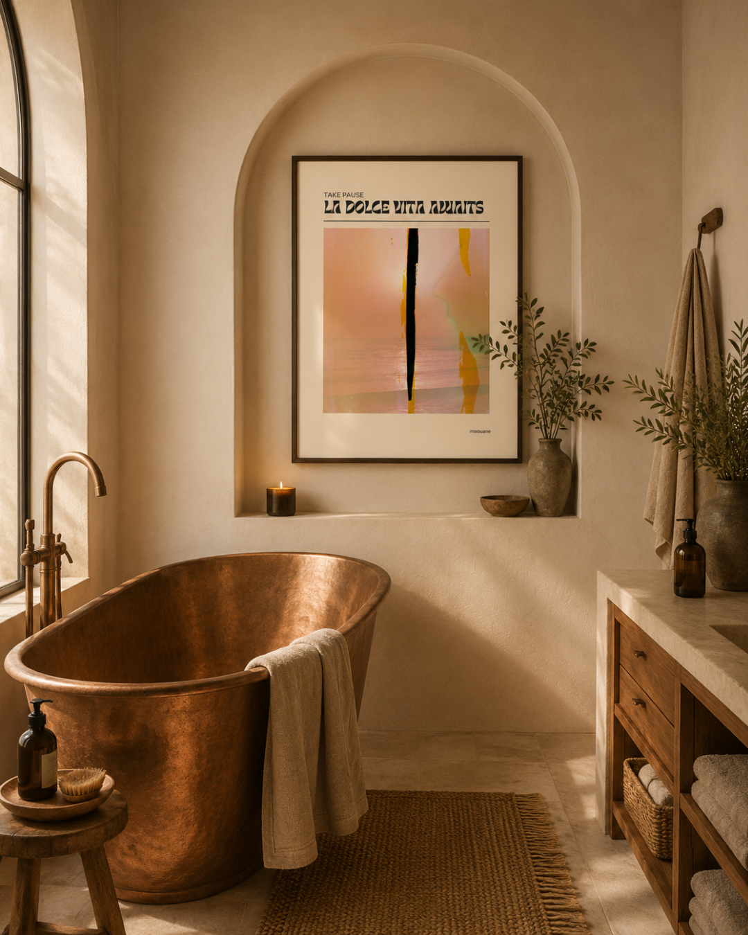 A cozy bathroom with a copper bathtub, a small wooden stool with bath supplies, a large framed abstract art print on the wall, potted plants, wicker baskets, towels, and a lit candle creating a warm ambiance.