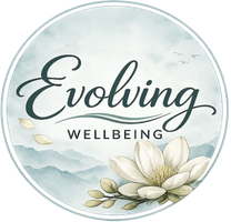 Logo with the words 'Evolving Wellbeing' surrounded by a misty mountain scene and white flowers