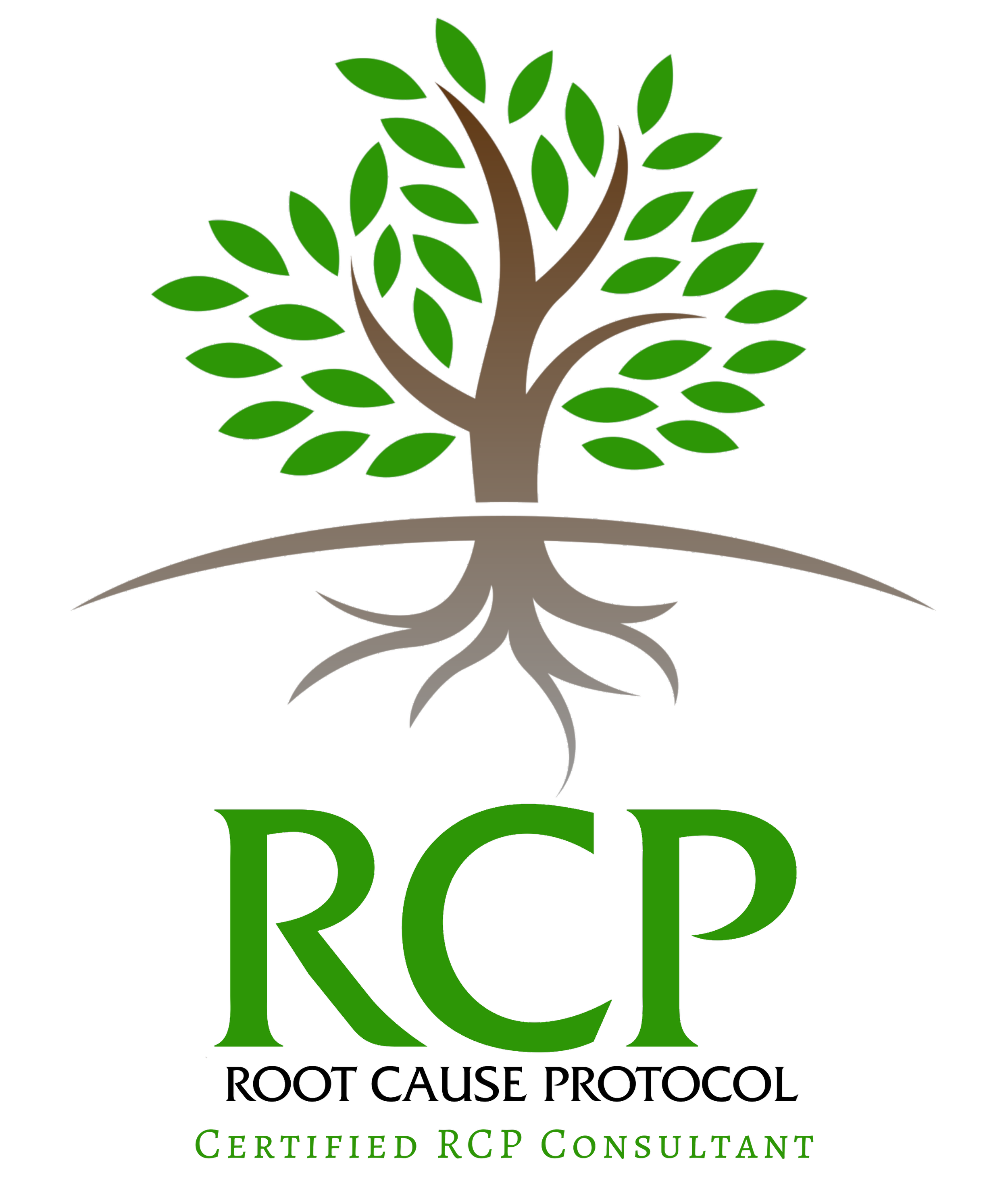 Logo with a tree and roots underneath, with the words RCP Root Cause Protocol Certified RCP Consultant underneath.
