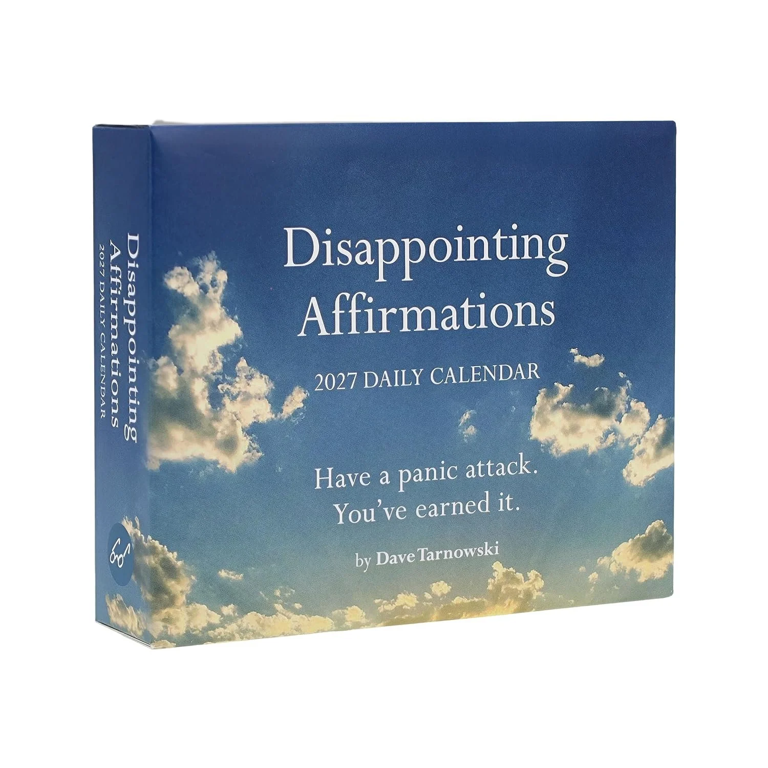 A 2027 daily calendar titled "Disappointing Affirmations" with a sky background showing clouds and the sun.