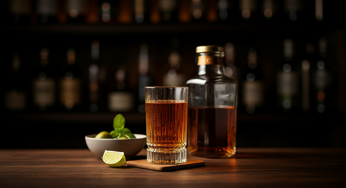 A glass of rosé wine, a bottle of rosé wine, a small bowl with green olives and basil leaves, a lime wedge, all on a wooden table with a dark background.