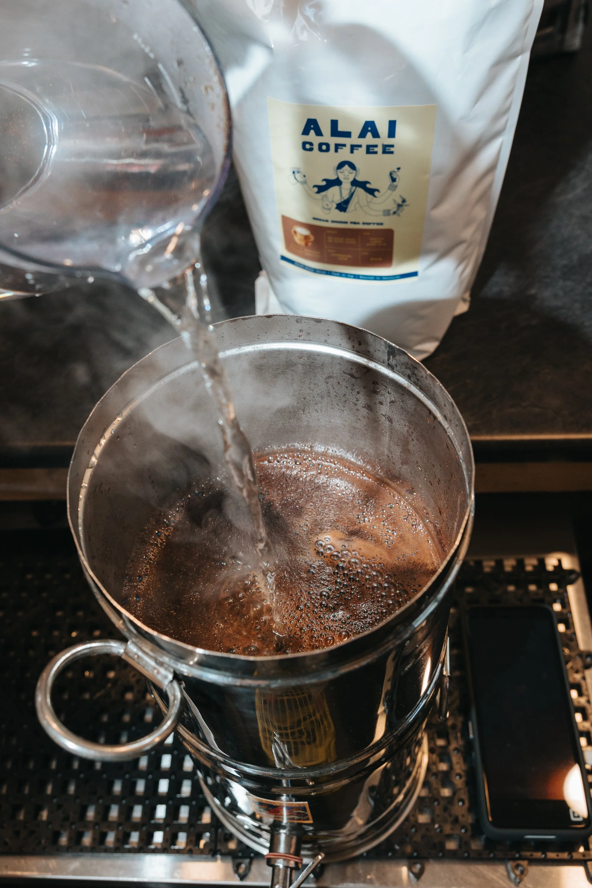 ALAI coffee being brewed for South Indian filter coffee at Veda in Kitsilano, Vancouver.