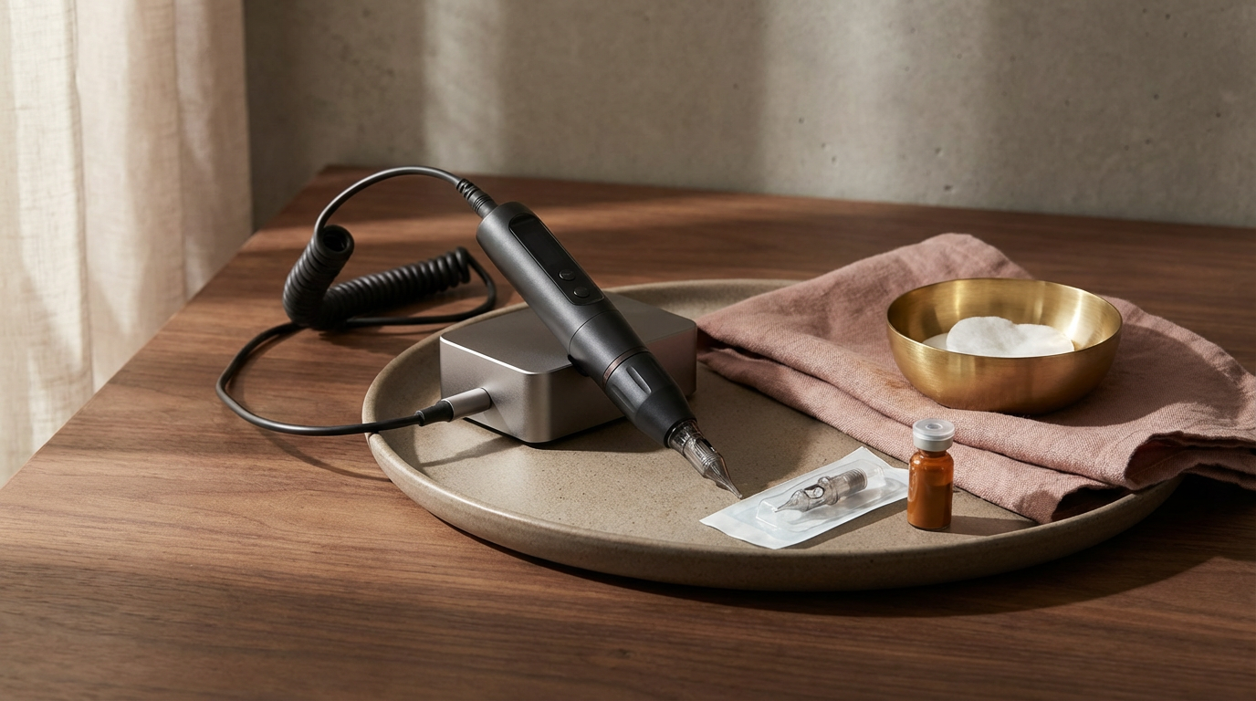 A medical device with a needle and syringe, medicine vial, cotton ball, and tissue on a beige tray on a wooden table.