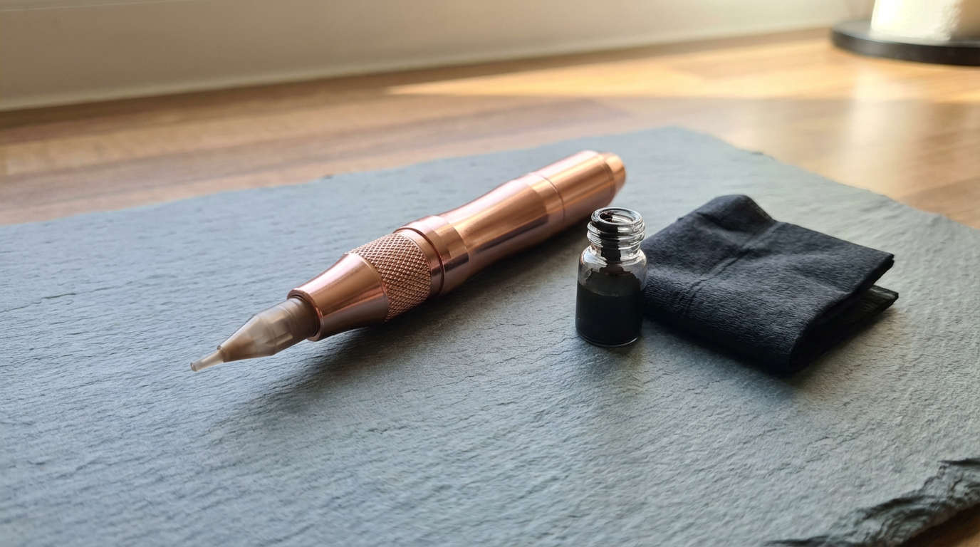 A rose gold electric nail drill machine, a small bottle of black gel polish, and a black cloth rest on a gray textured surface near a wooden floor.