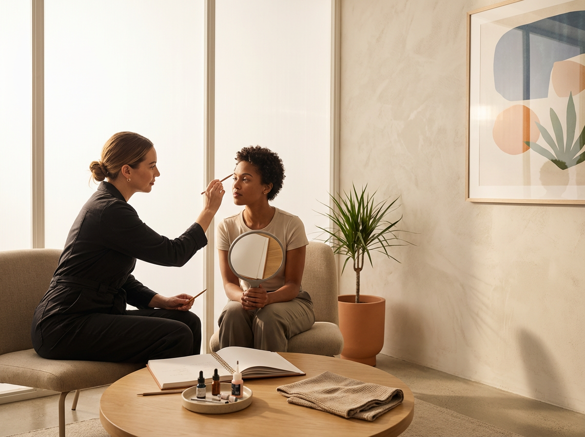 A woman in black attire applying makeup to a woman sitting on a beige sofa, who is holding a round mirror, in a well-lit room with abstract artwork on the wall and a potted plant nearby.
