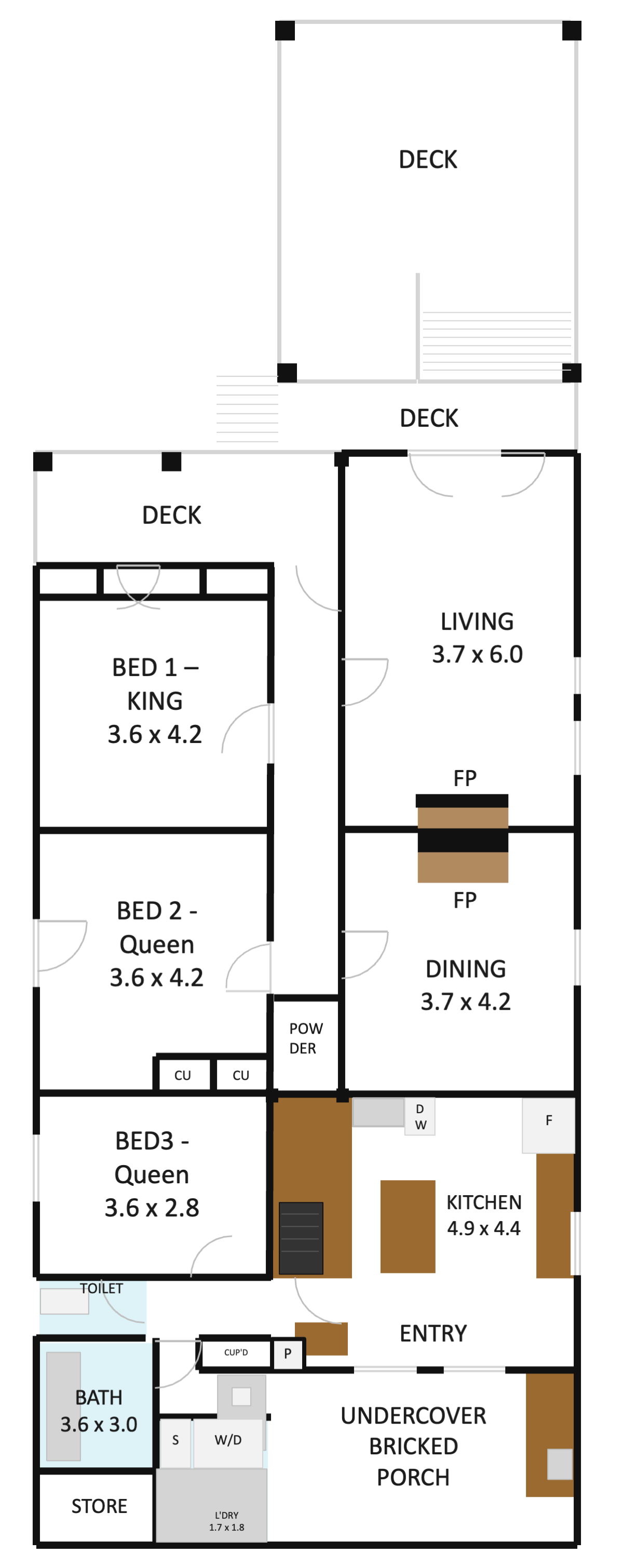 Floor plan of a house featuring multiple decks, three bedrooms, a living room, dining area, kitchen, bathroom, toilet, laundry, storage, and an undercover porch with a brick feature wall.