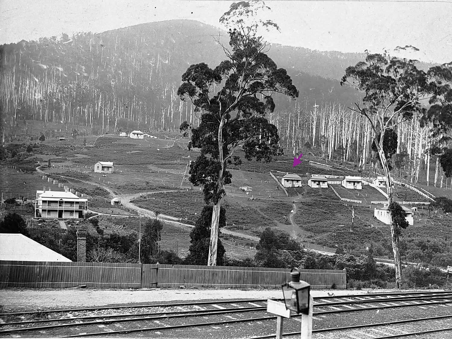 Black and white photo of a rural hillside with several small houses, trees, and a railway track in the foreground.