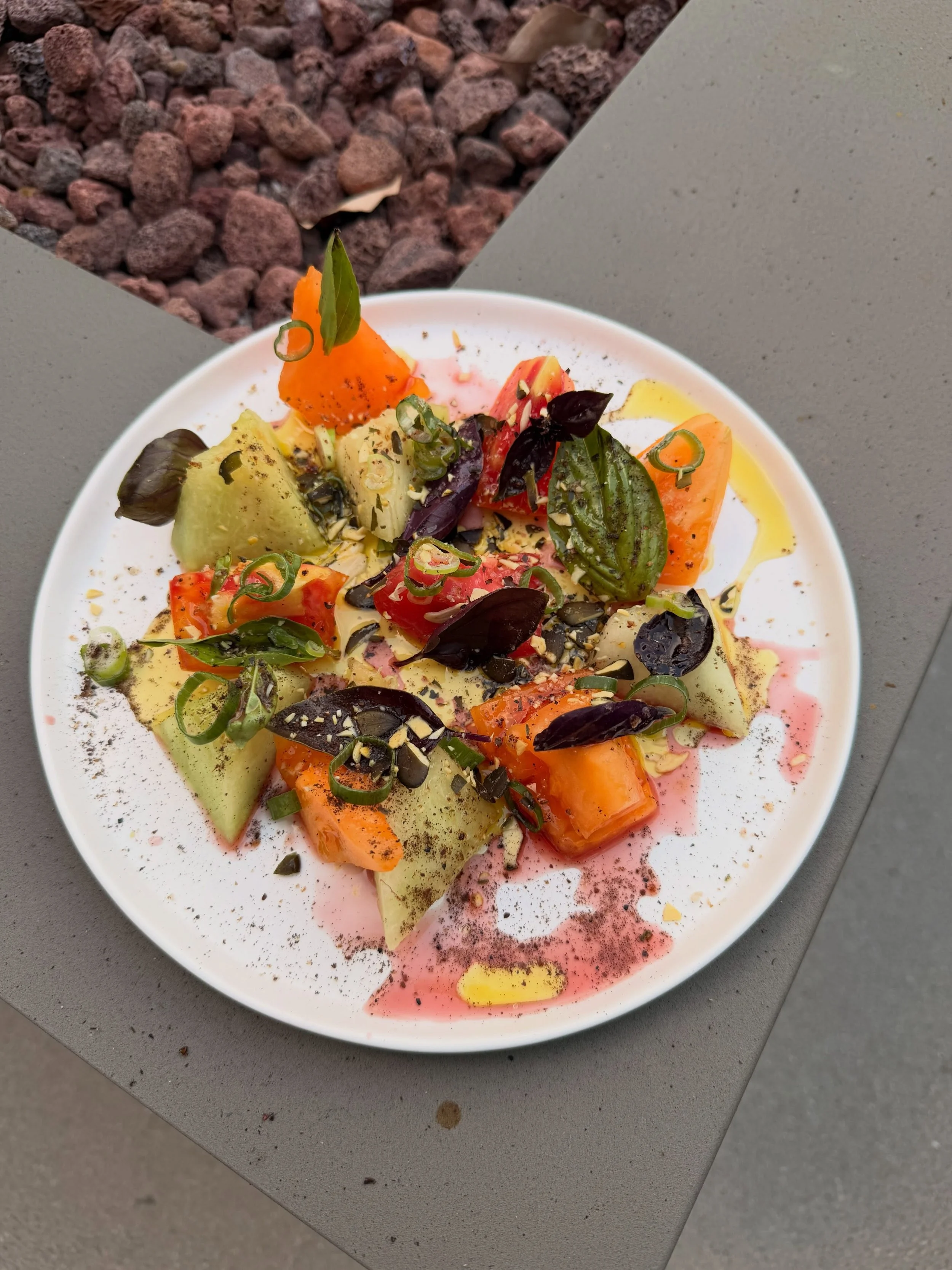 A few things i cooked recently 🍽️

Weiser Melon, Munak tomatoes, aged wine vinegar, black garlic 

Smashed market dates, Santa Barbara pistachio,  tahini &amp; bitter chocolate 

Greek ish salad 

F&rsquo;cazz from @heatfoodco &amp; lots of dips 

S