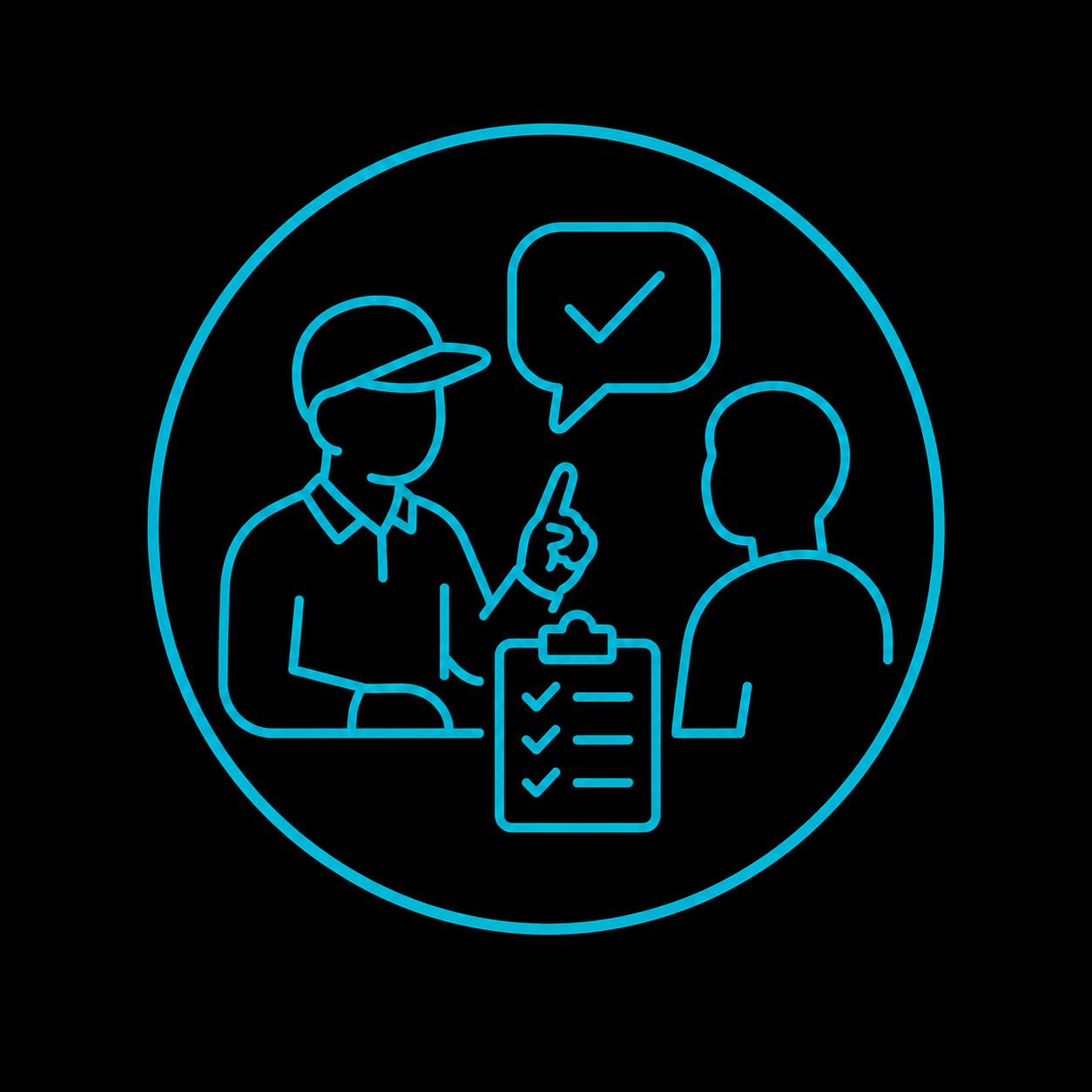 Blue neon line illustration of a customer service representative reviewing a checklist with a customer