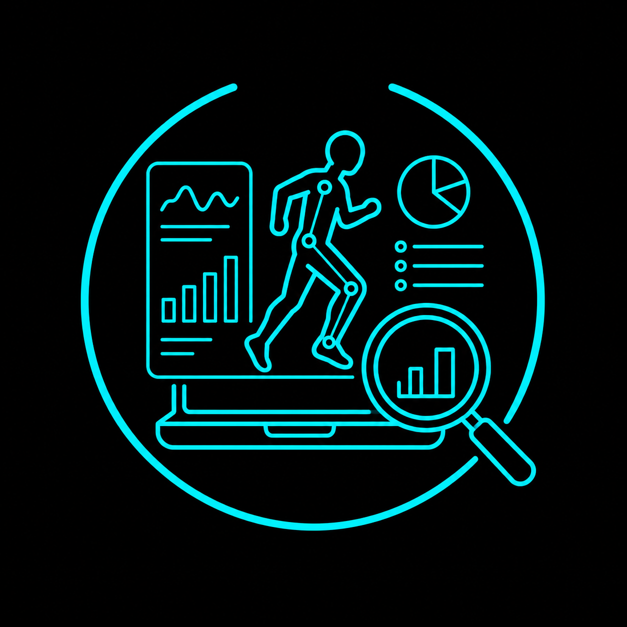 Neon blue illustration of a running human figure, analytics charts, laptop, and magnifying glass on a black background