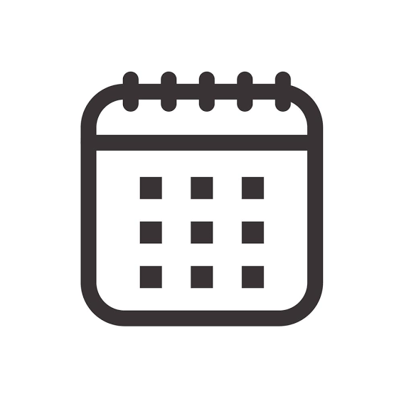 Black calendar icon with spiral binding and a nine-square date grid