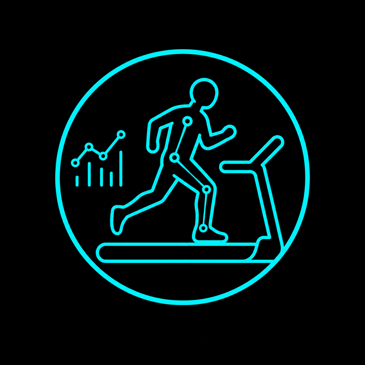Neon turquoise line-art illustration of a person running on a treadmill with fitness chart and airplane icon
