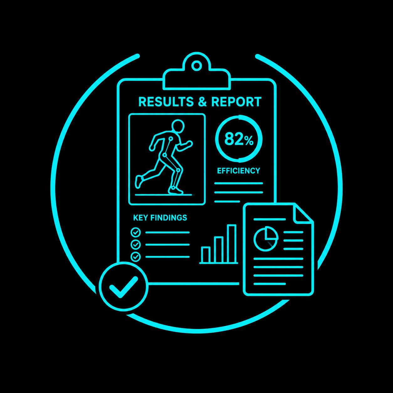 Neon blue results and report infographic showing an 82% efficiency rating, running figure, key findings checklist, bar chart, pie chart, and approval checkmark on a black background