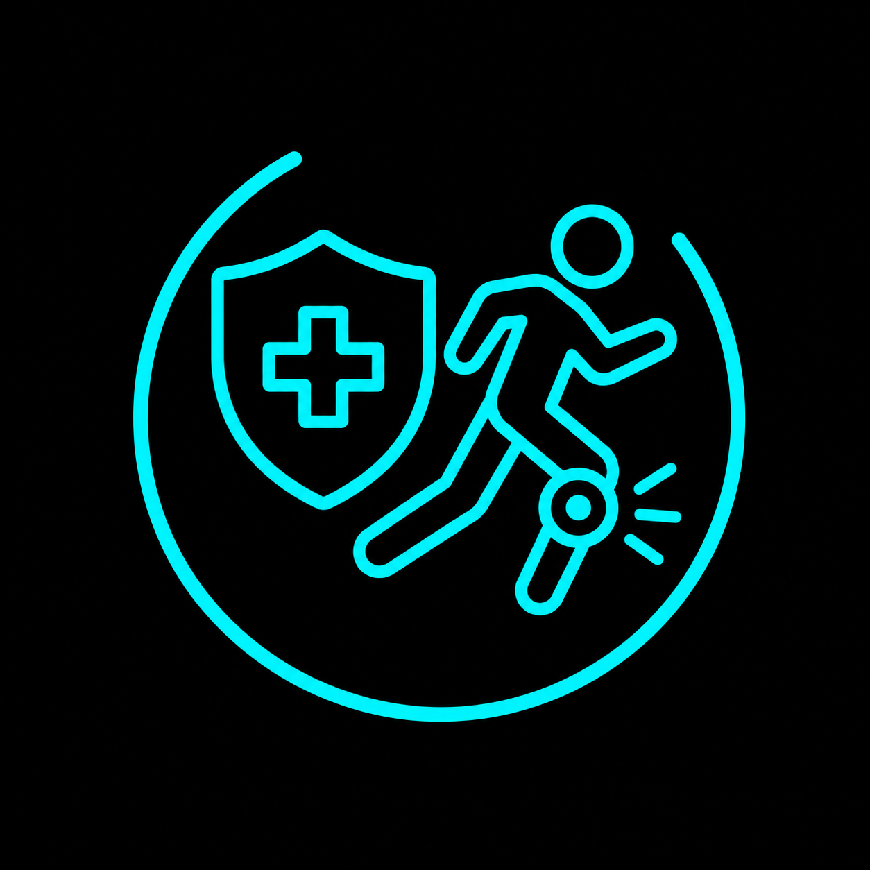 Neon blue icon of a falling person beside a medical shield and first-aid cross