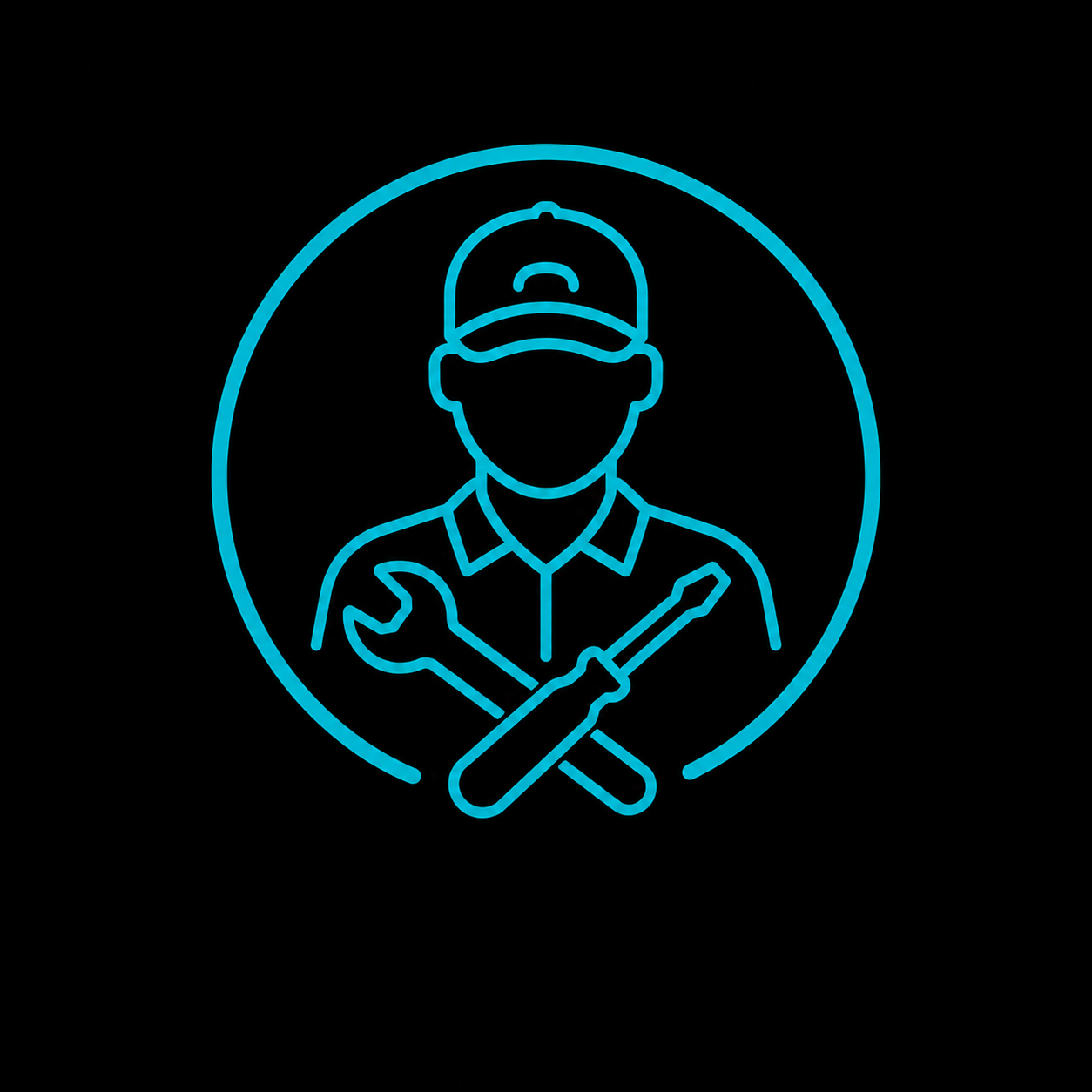 Blue neon line icon of a repair technician wearing a cap, with crossed wrench and screwdriver on a black background