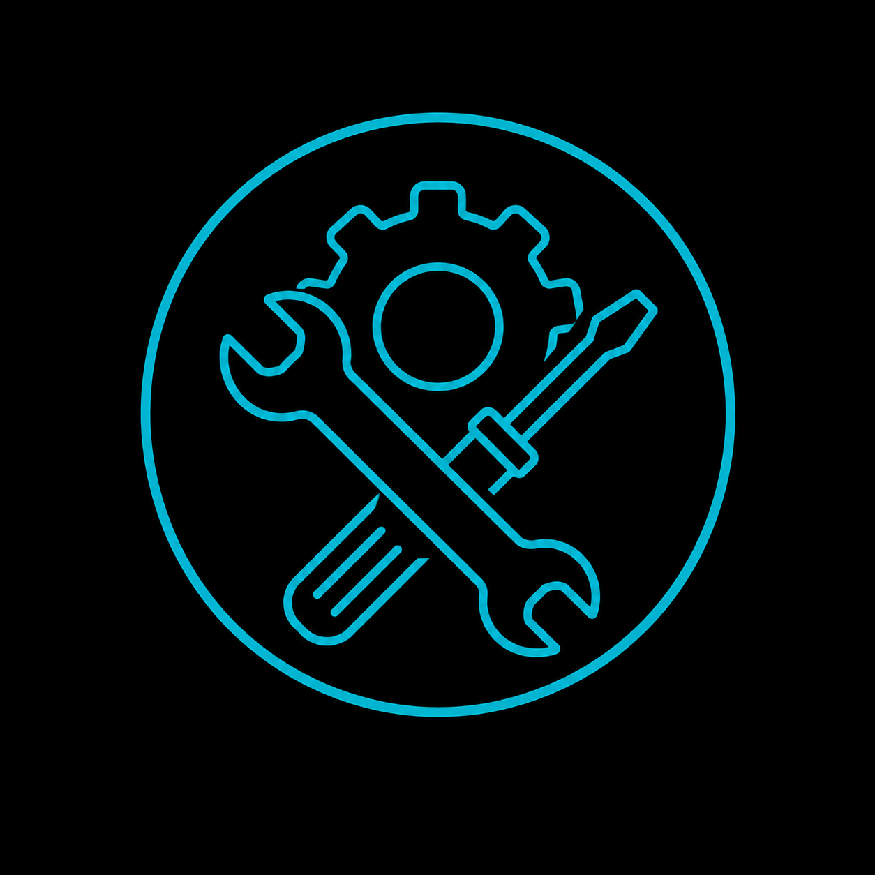 Blue neon crossed wrench, screwdriver, and gear icon inside a circle on a black background