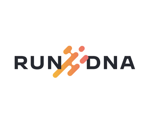 Run2DNA logo with bold black text and orange and coral running figure accents