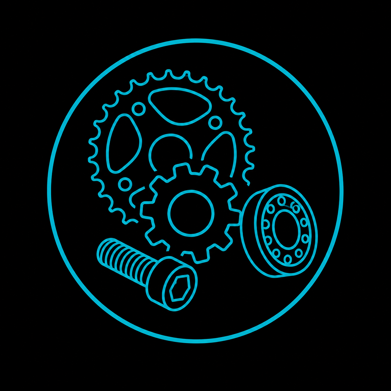 Blue line-art illustration of mechanical parts, including gears, a threaded bolt, and a bearing, inside a circle on a black background