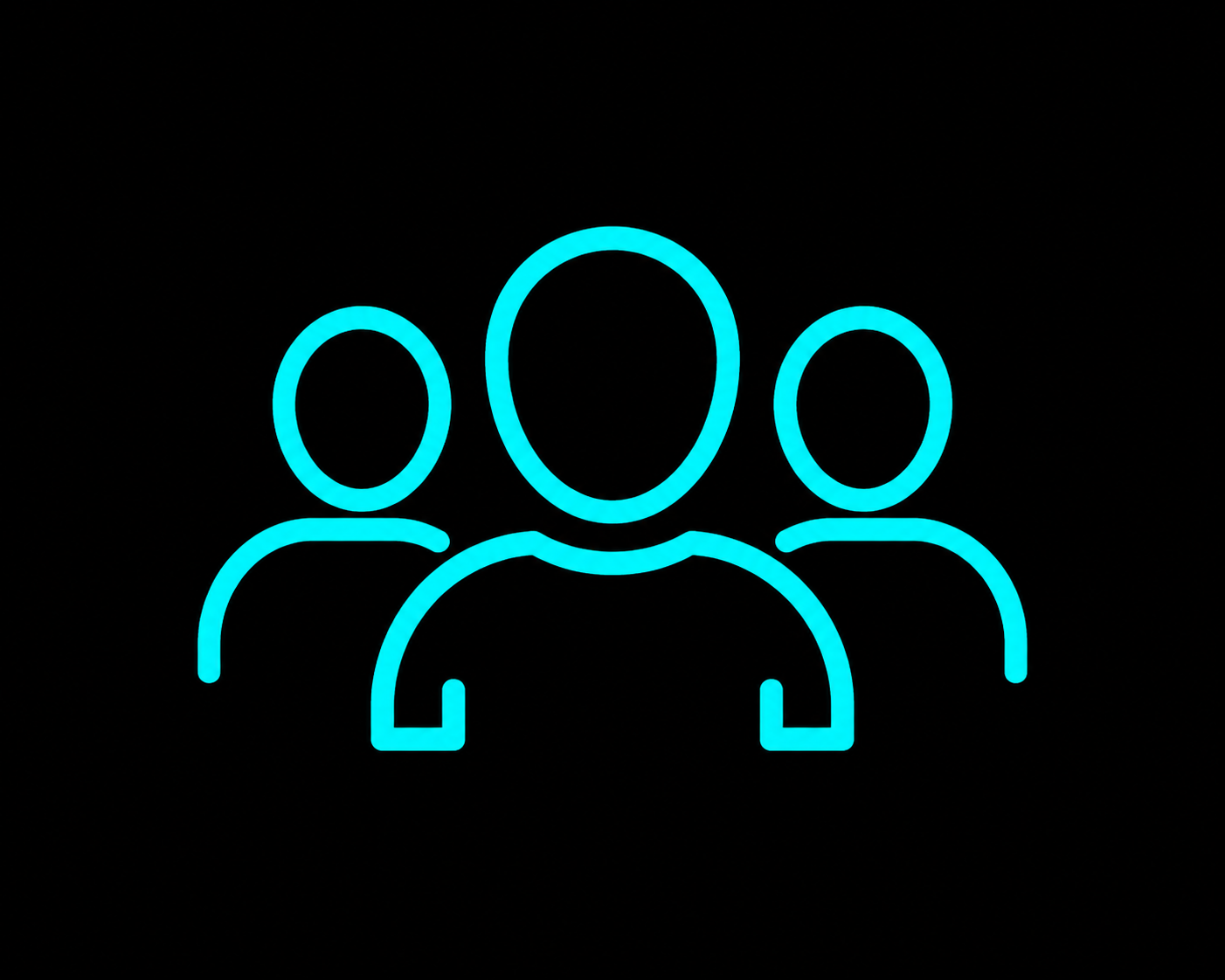 Bright blue neon icon of three people standing together on a black background
