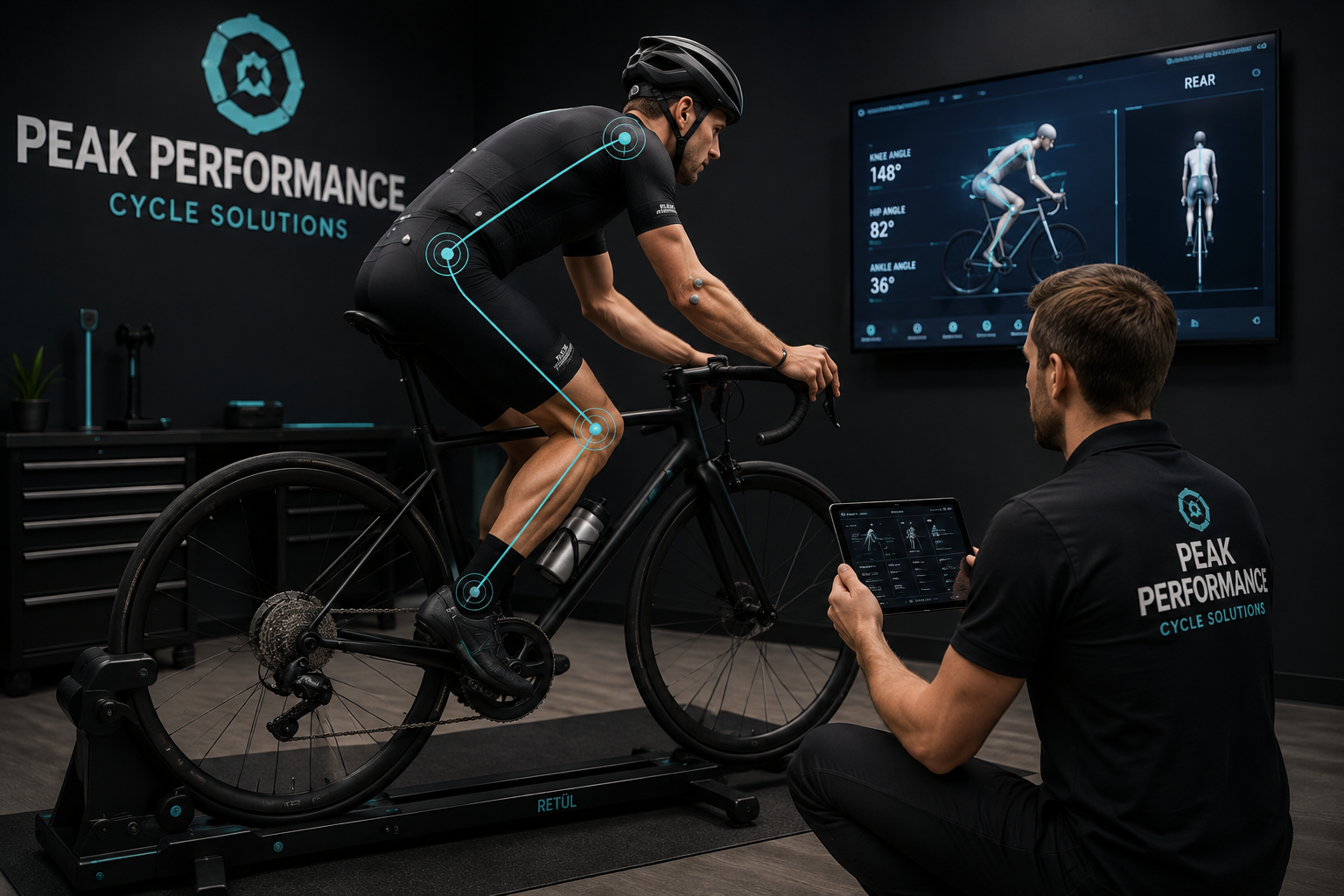Cyclist undergoing a bike fitting analysis on an indoor trainer while a specialist reviews body-position data on a tablet.