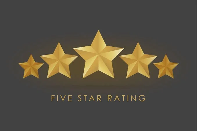 Five gold stars with “FIVE STAR RATING” text on a dark background