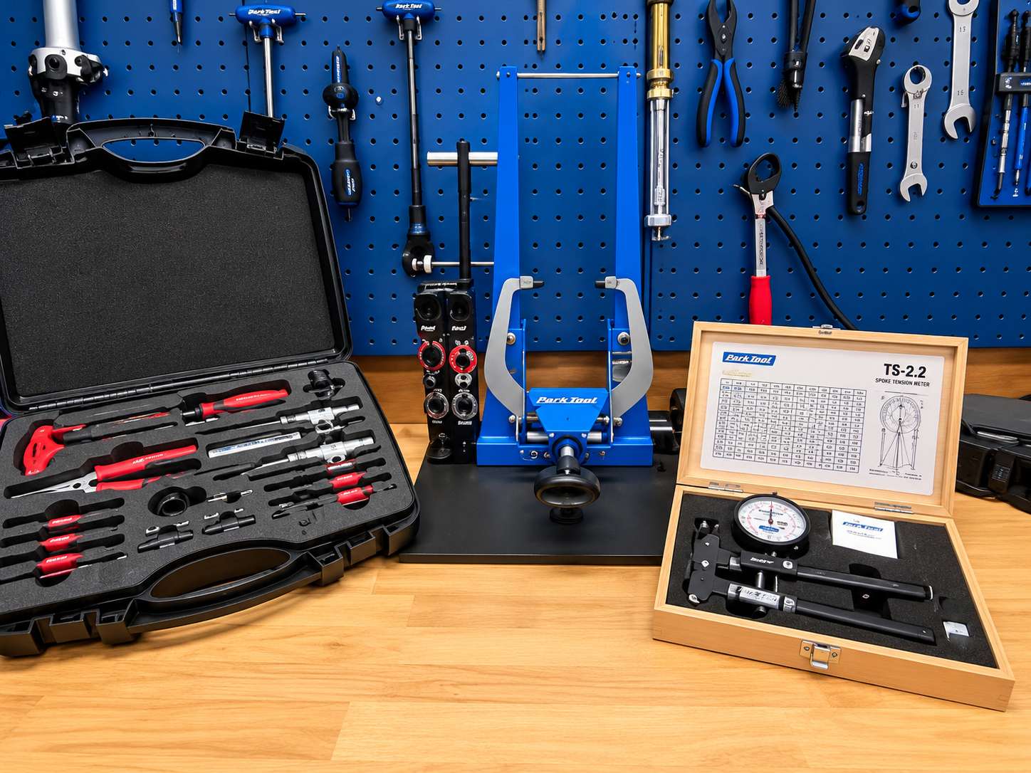 Park Tool bicycle repair tools, wheel truing stand, and spoke tension meter arranged on a workshop bench and pegboard