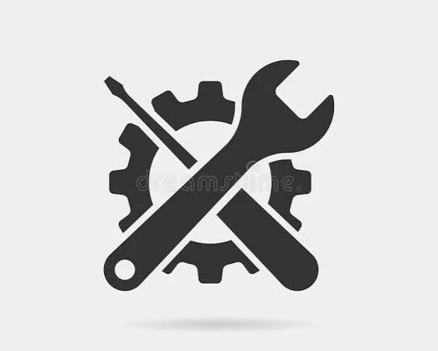 Black crossed wrench and screwdriver over a gear icon, representing tools or mechanical repair
