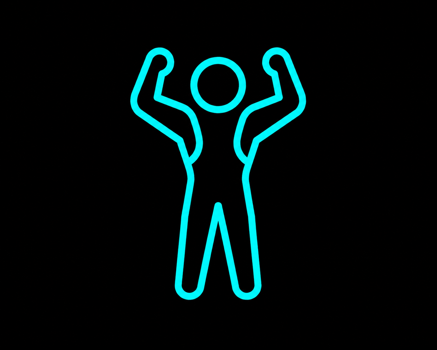 Turquoise neon outline of a person with raised arms on a black background