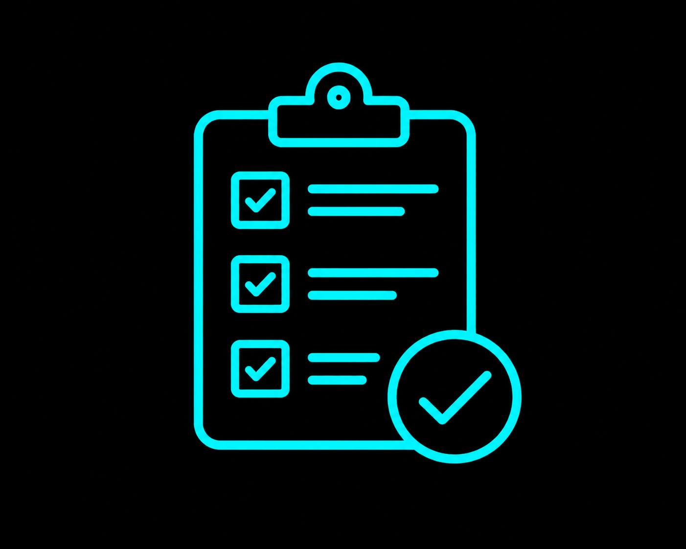 Turquoise clipboard checklist icon with three checked boxes and a large approval checkmark on a black background