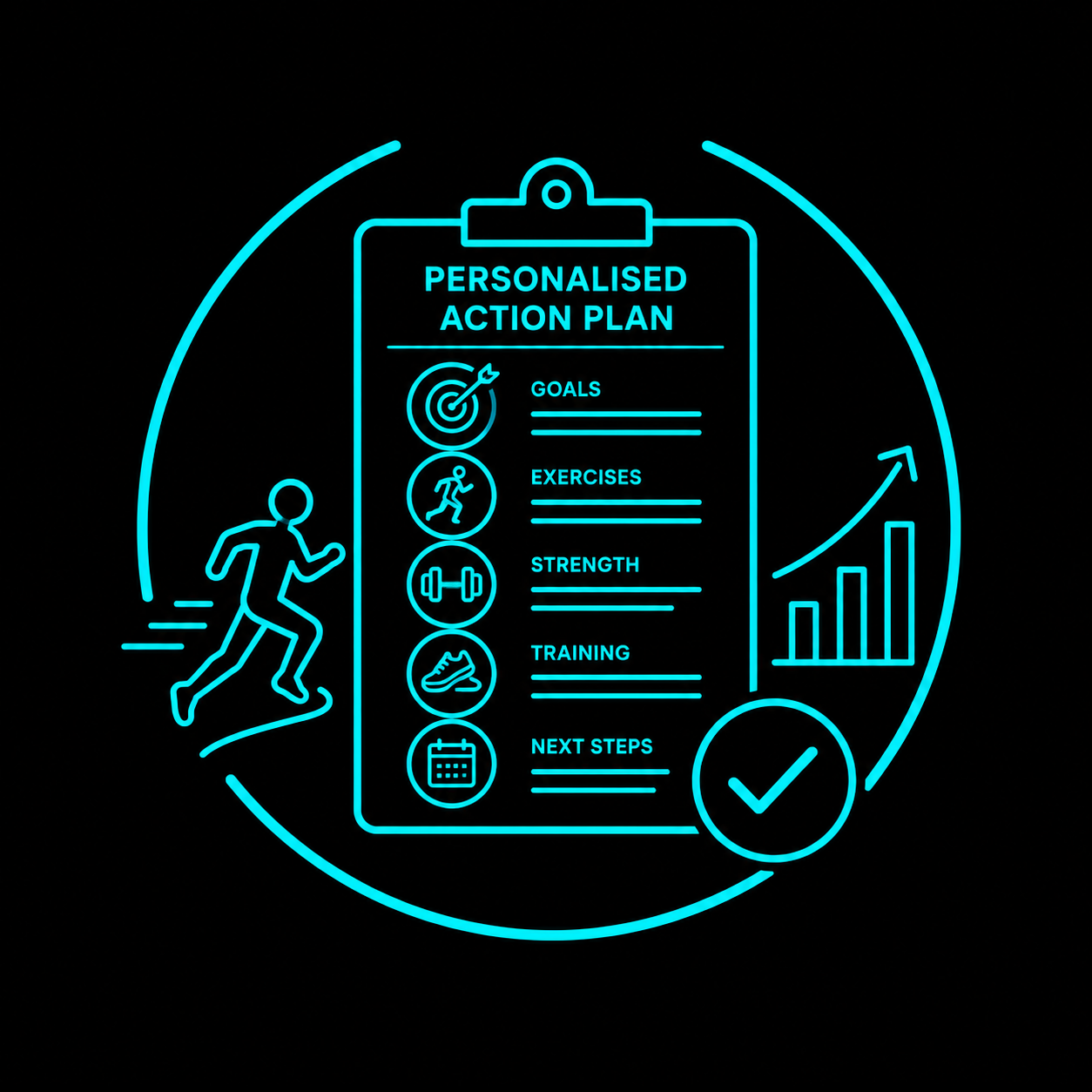 Neon blue personalized action plan clipboard with fitness goals, exercises, strength training, next steps, running figure, progress chart, and checkmark