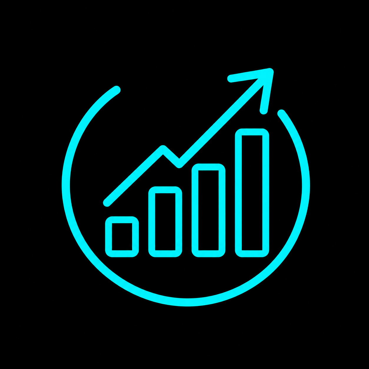 Turquoise business growth icon with rising bar chart and upward arrow on a black background