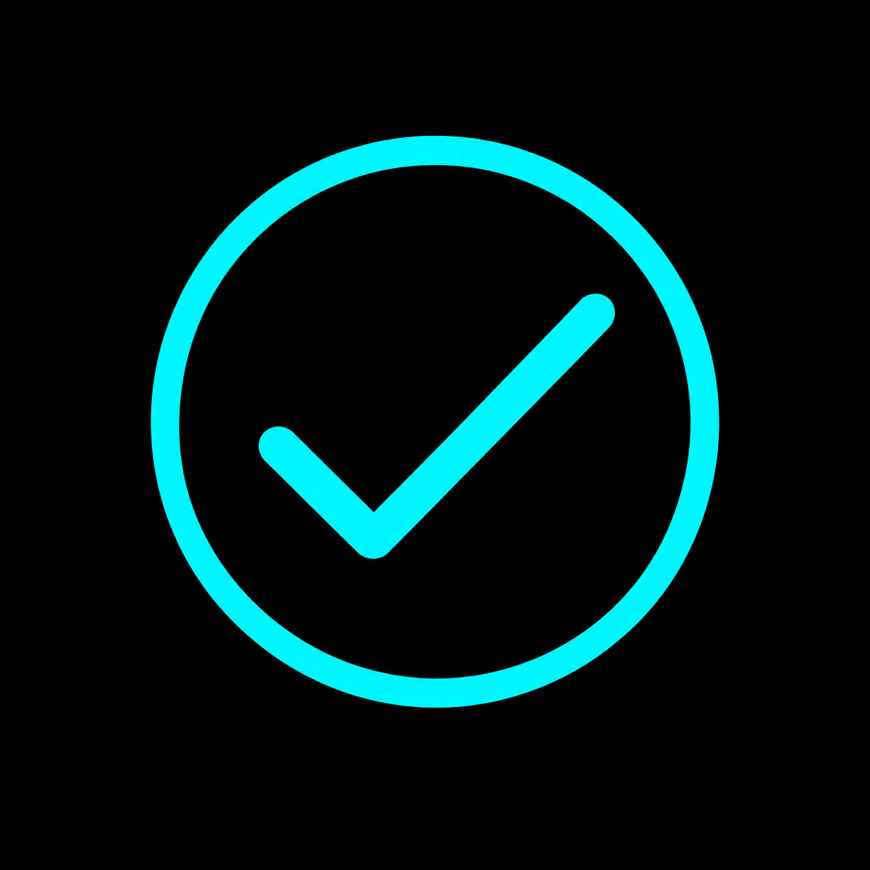 Turquoise check mark inside a circle on a black background