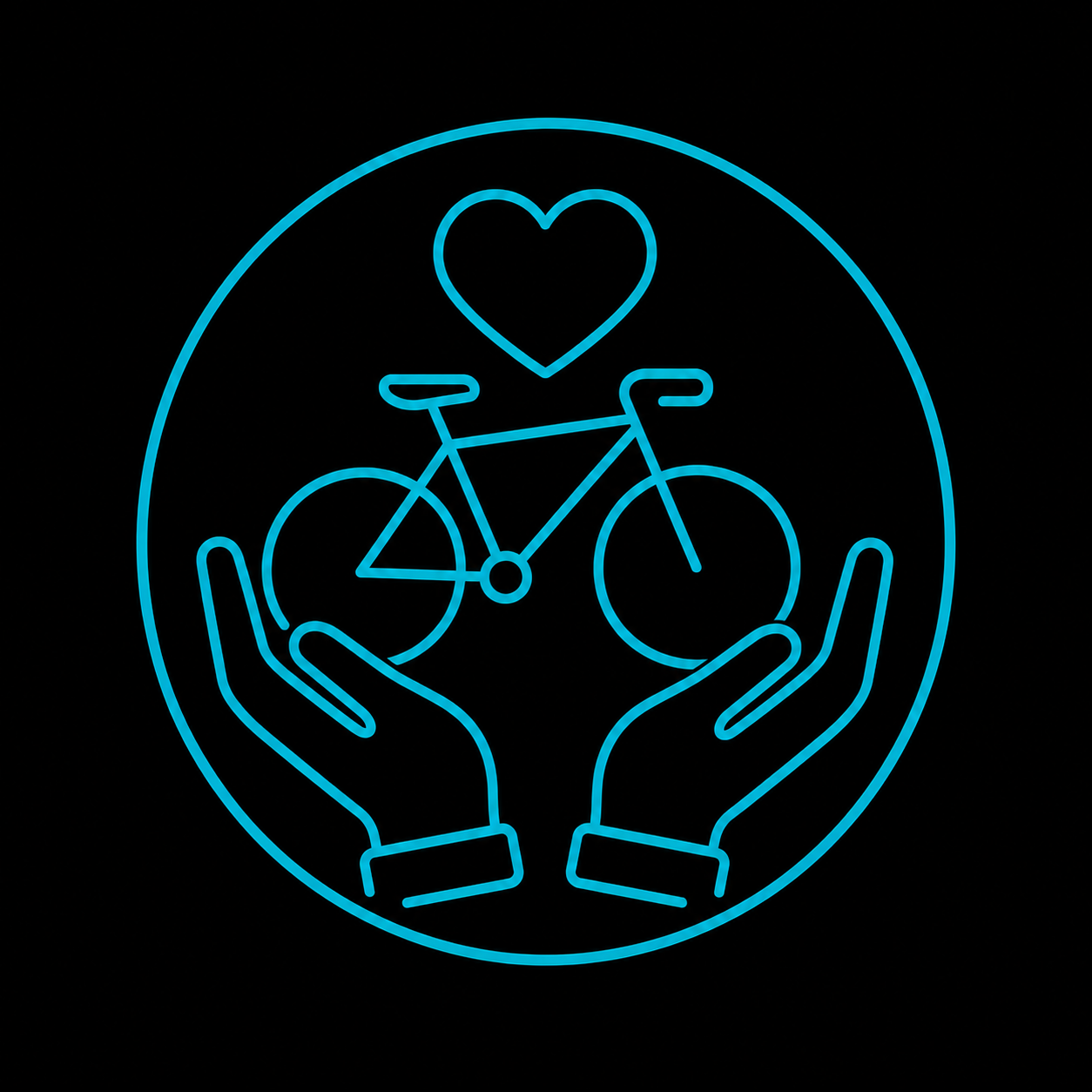 Blue neon line-art bicycle protected by two hands inside a circle, with a heart above it on a black background