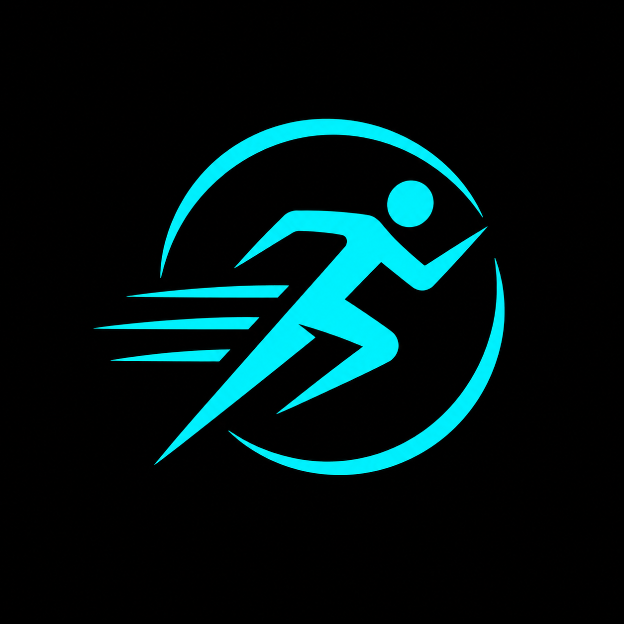 Turquoise stylized running person logo with motion lines inside a circular outline on a black background