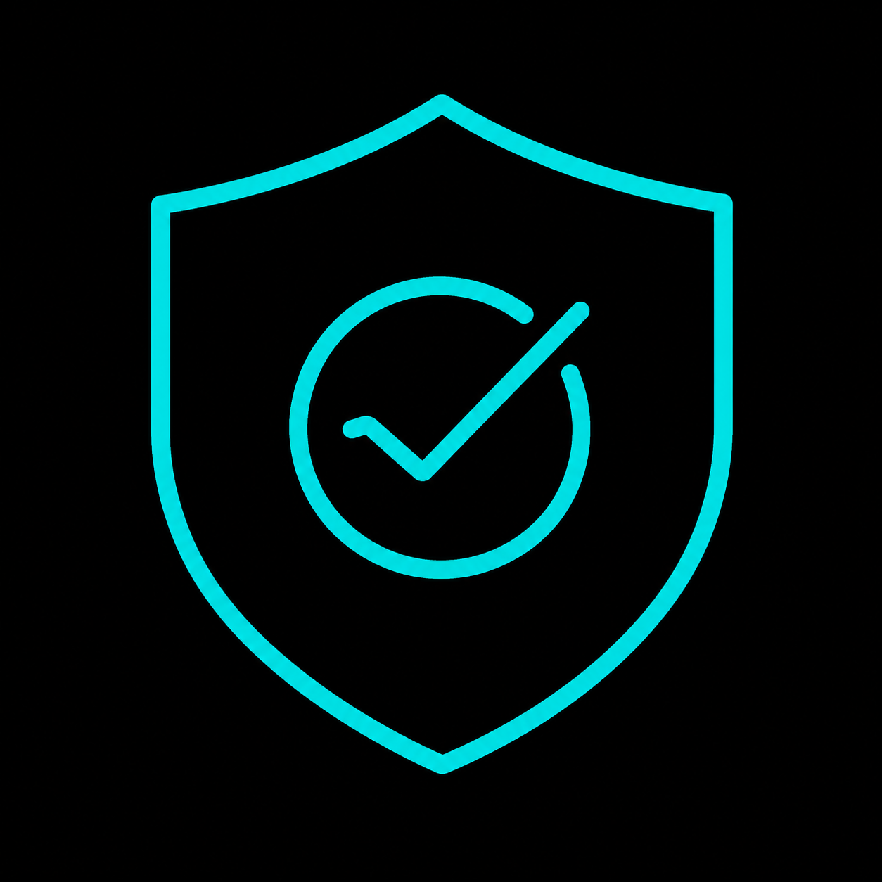 Turquoise shield outline with a checkmark inside a circle on a black background