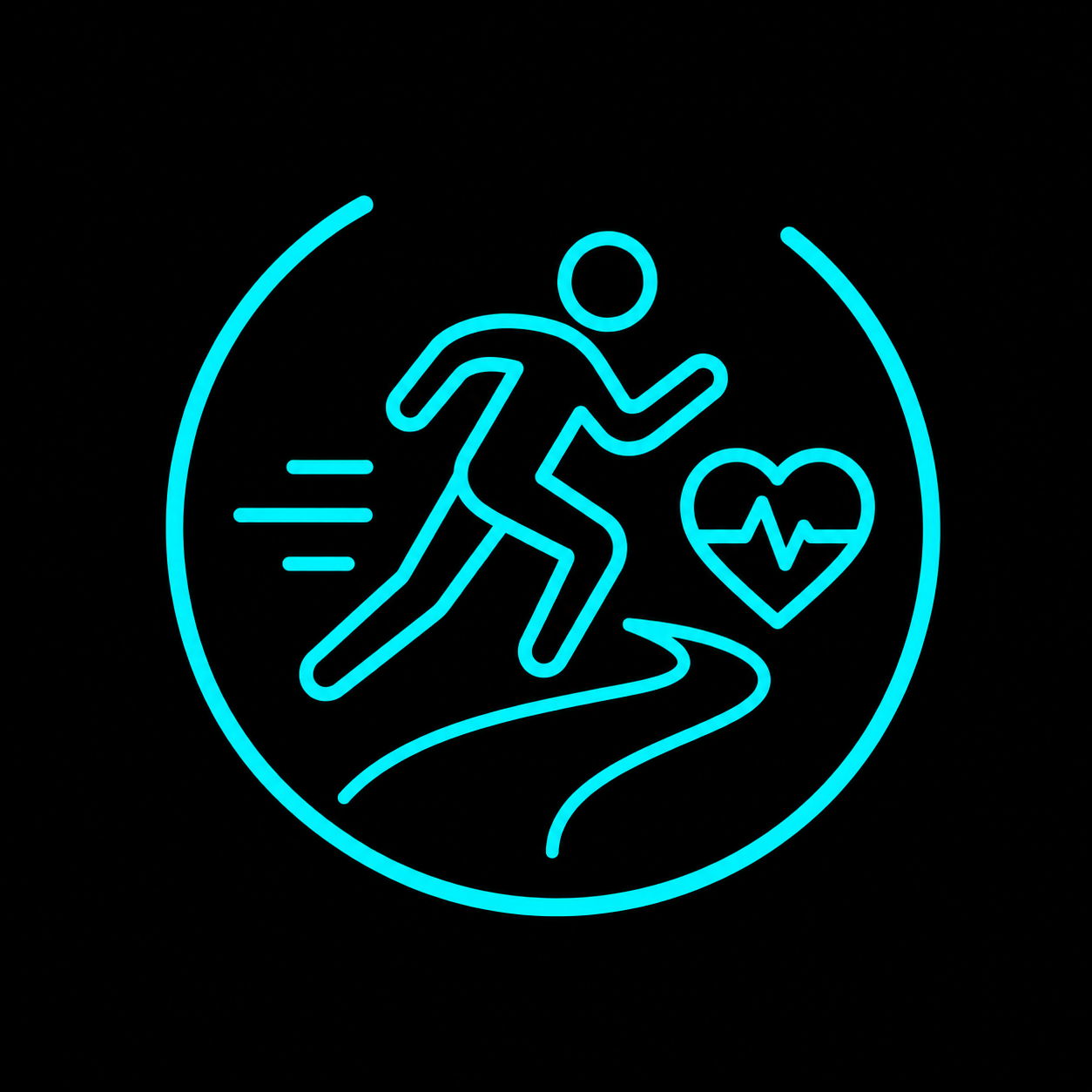 Neon blue icon of a running person, winding path, and heart with an ECG line inside a circle