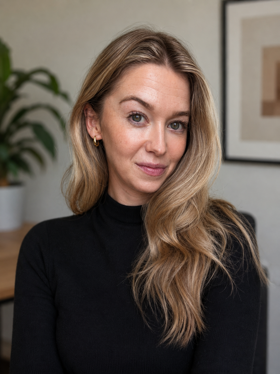 A woman with long wavy blonde hair wearing a black turtleneck sweater and gold hoop earrings, standing indoors with a potted plant and framed artwork in the background.