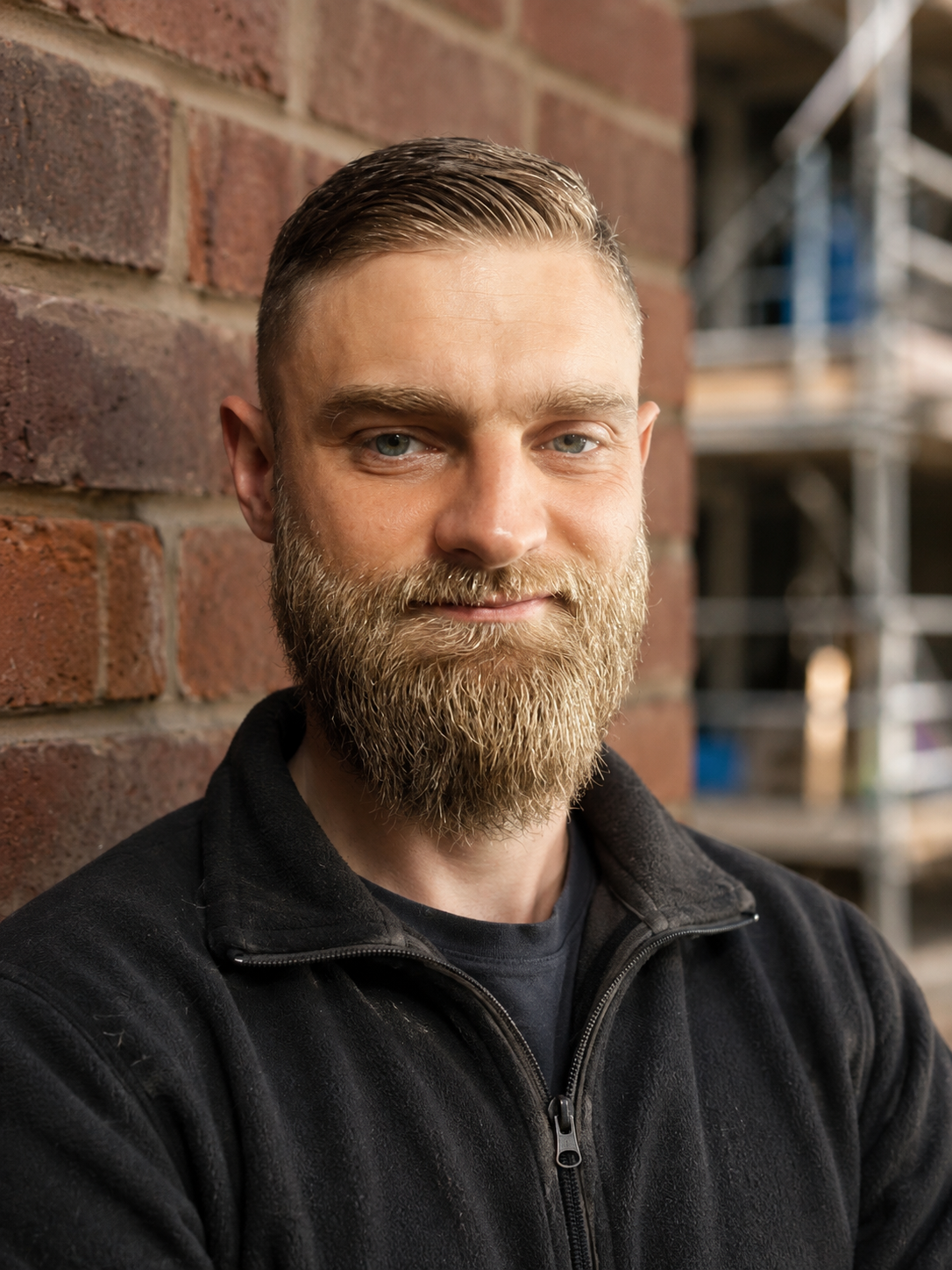 Portrait of a man with a beard leaning against a brick wall, wearing a black zip-up jacket, with construction scaffolding in the background.