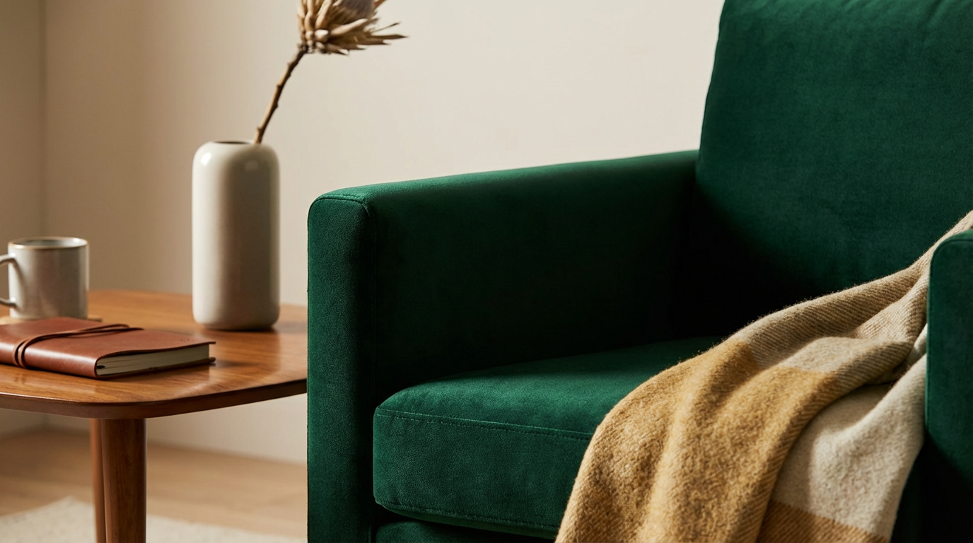 A cozy living room corner featuring a green upholstered armchair, a wooden side table with a closed leather-bound book, a grey ceramic mug, and a tall white vase with dried wheat stalks. A beige and tan blanket is draped over the arm of the chair. The background is a plain beige wall.