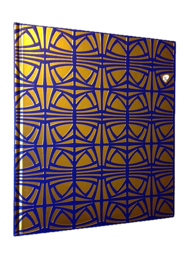 A notebook with a gold cover decorated with a repeating blue geometric pattern.