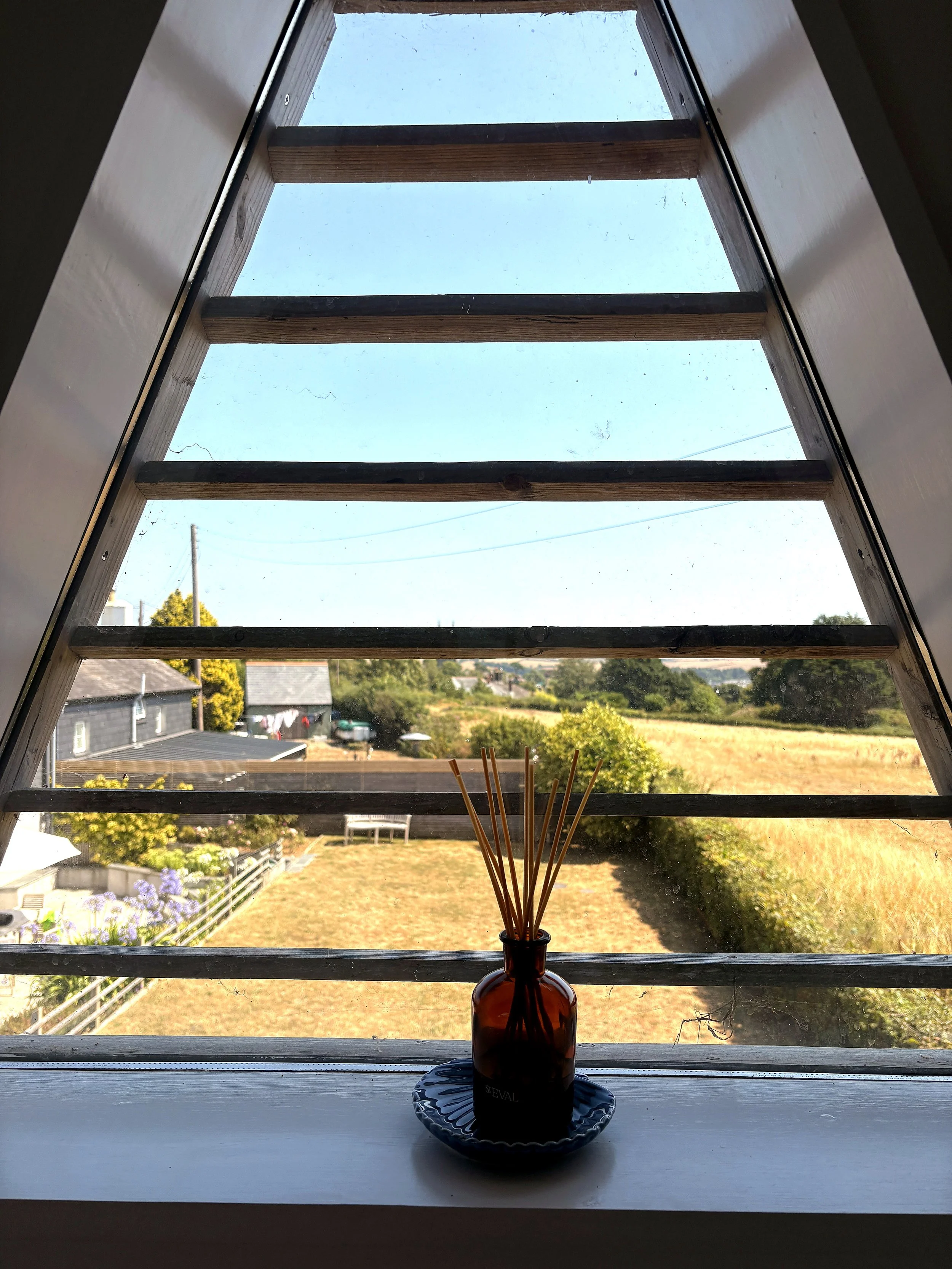 A view through a skylight window with wooden framing, showing blue sky and distant greenery. A brown glass bottle with reed diffuser sticks sits on the windowsill, placed on a decorative plate.