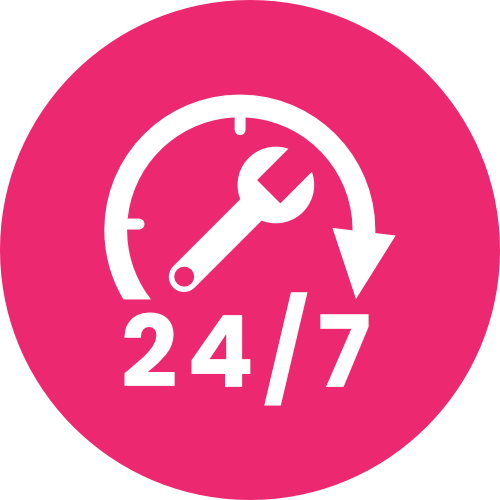 A pink circular icon featuring a white wrench and clock, with 