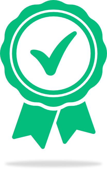 A green award ribbon with a checkmark inside a circle at the top.