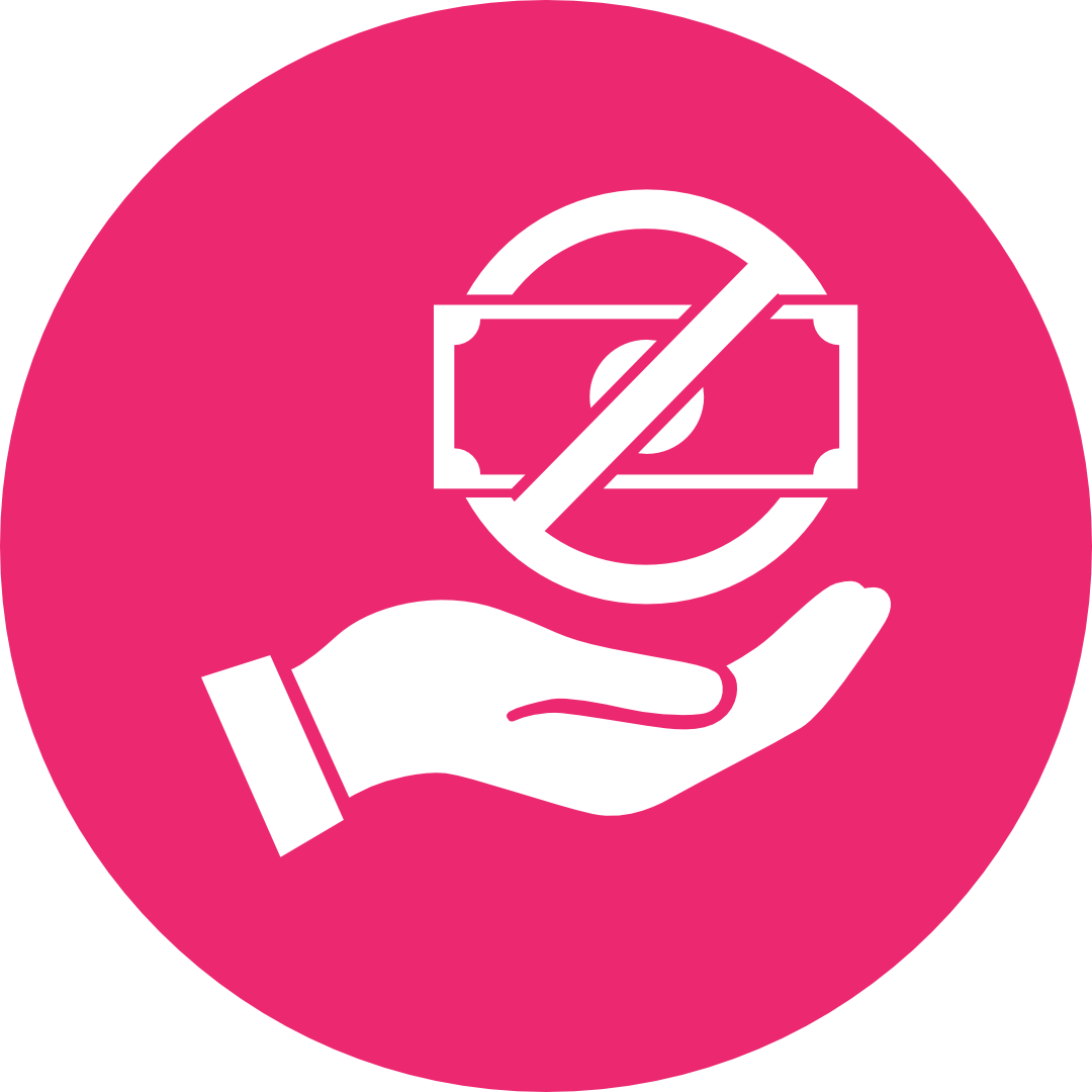 A pink circular sign with a white hand holding a dollar bill and a slashed circle around a dollar bill, indicating no money exchange or cash accepted.