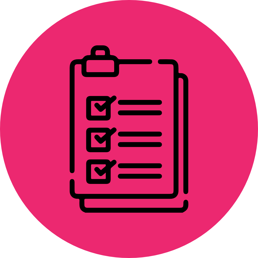Icon of a clipboard with a checklist on a pink circular background.