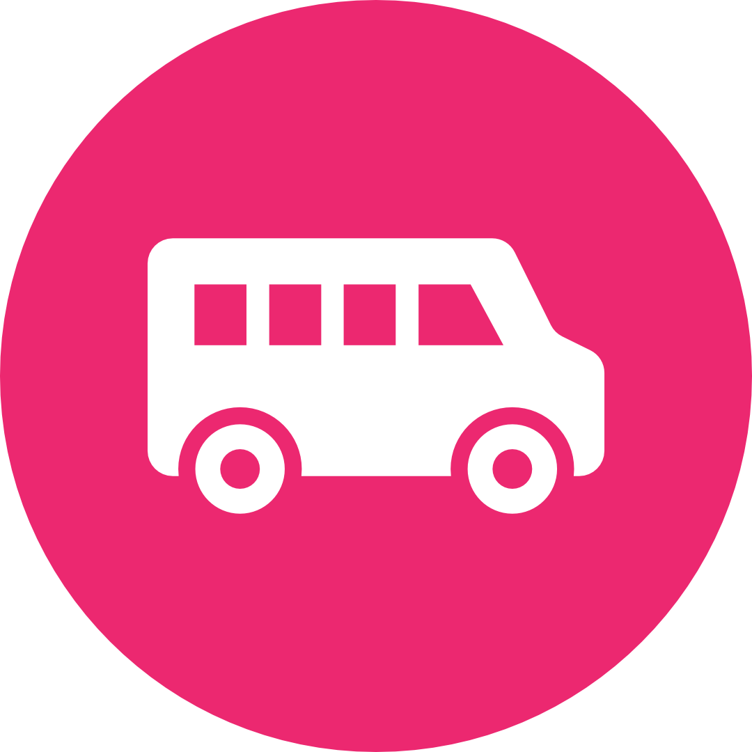 Icon of a bus on a pink circular background.