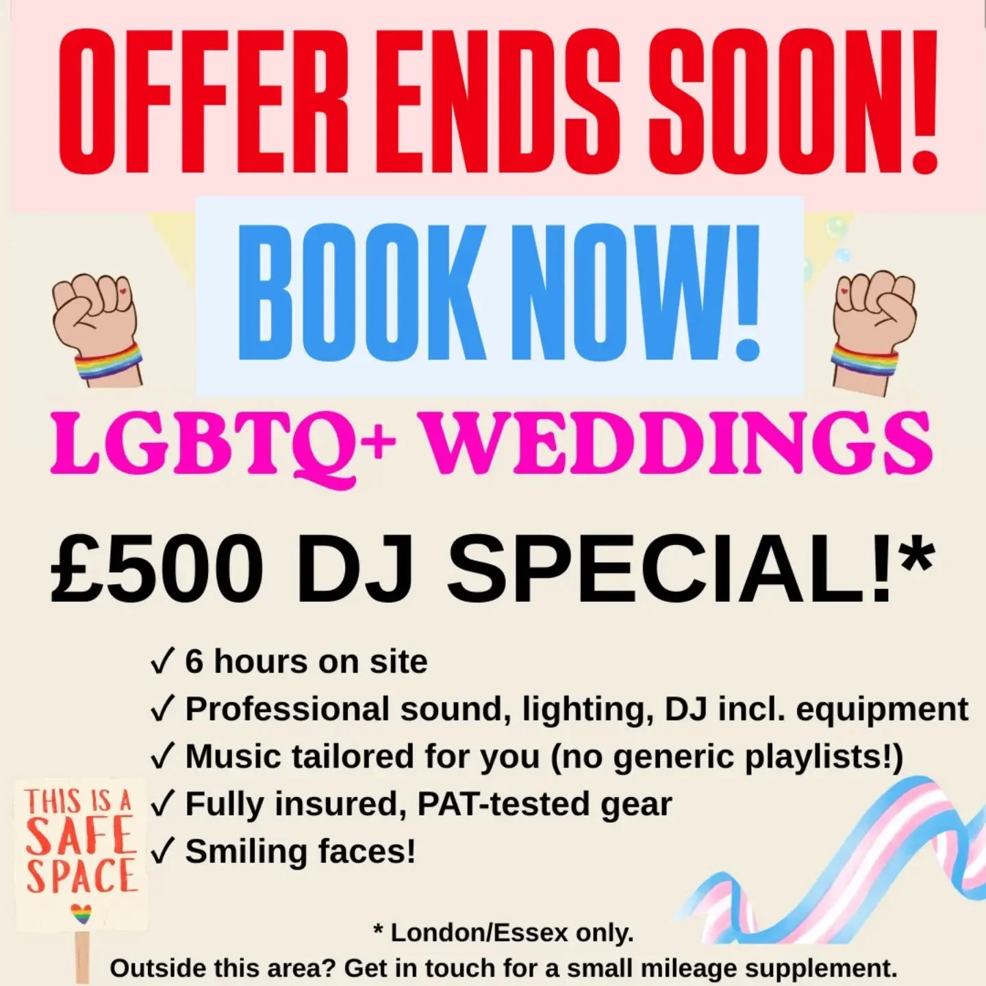 LGBTQ+ WEDDINGS &pound;500
(USUAL PRICE &pound;700)

Thank you so much for your support.  Amazingly, we are taking bookings as far ahead as 2028!

Offer ends soon, contact ASAP!

#lgbtq #wedding #marriage #queer #djlife