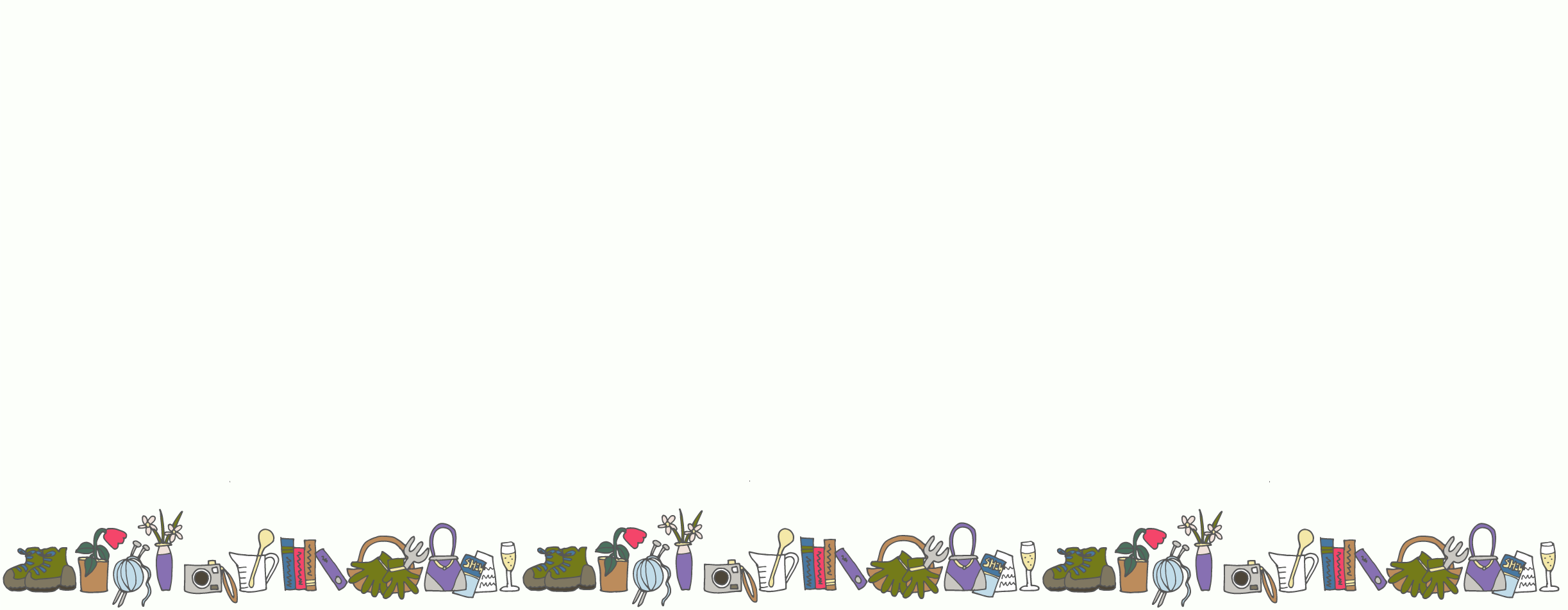 Decorative border featuring hiking shoes, potted plants, cameras, books, wine glasses, and art supplies along the bottom edge of a blank space.