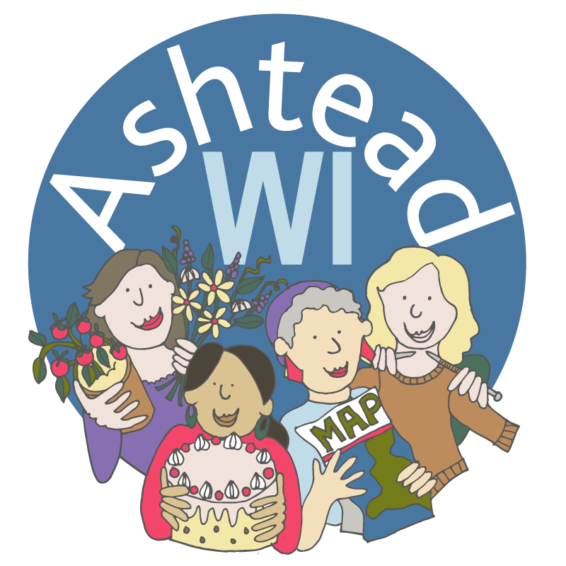 Illustration of five diverse women smiling, holding different items including flowers, a cake, a map, and a scroll, with the text "Ashtead WI" in the background